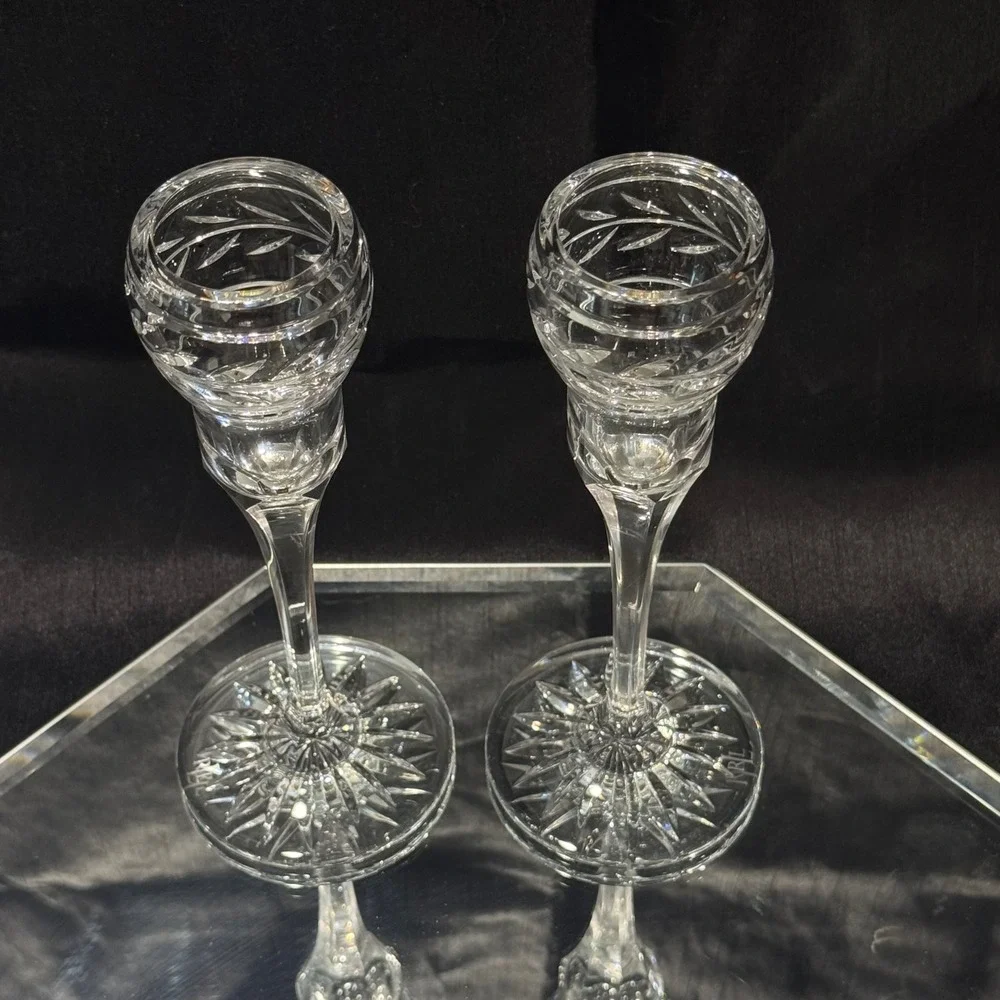 Ralph Lauren Claremont Crystal Candlestick Holders Etched Laurel Band Retired